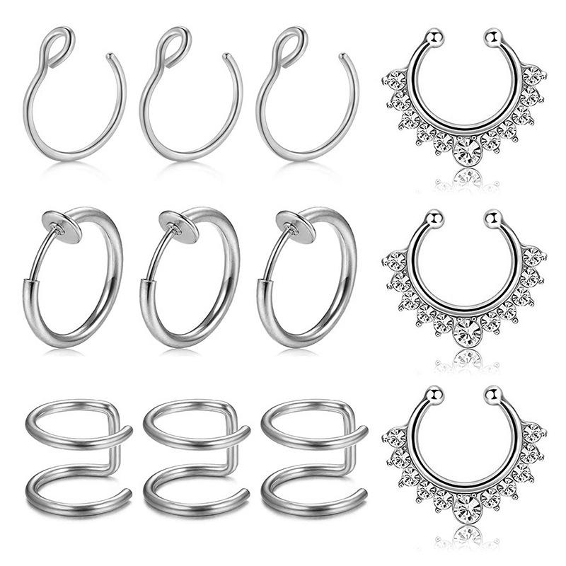 

Trendy C-shaped Double Circle Earring & Fake Nose Ring Combo Set (12 Pieces)