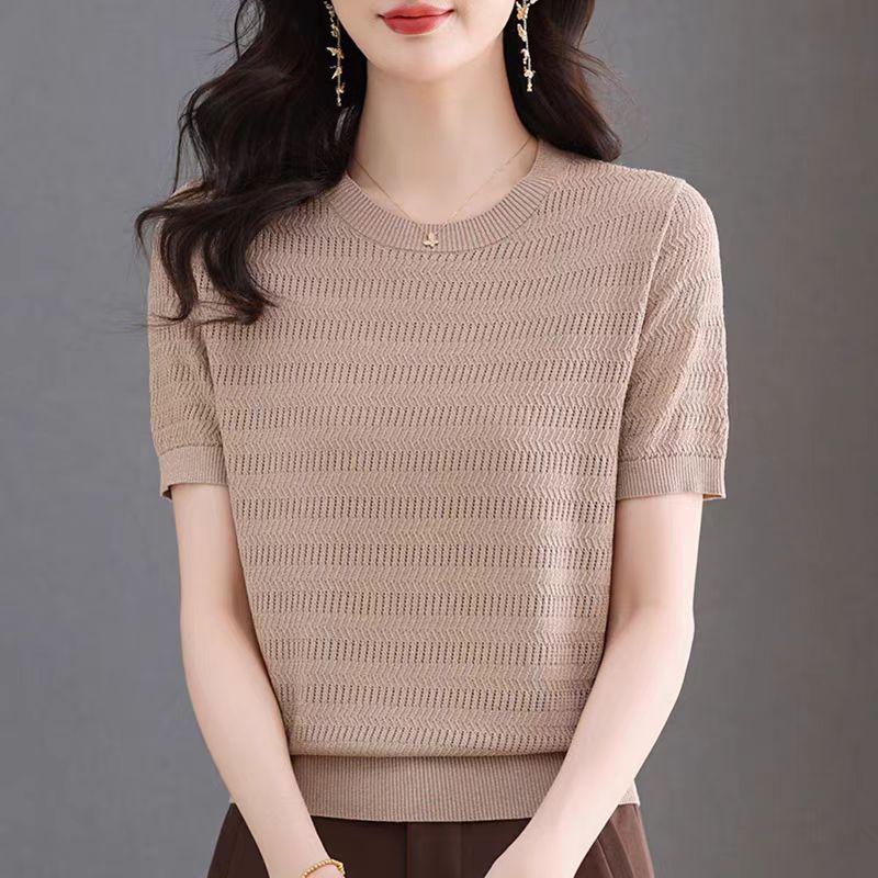 Women's Ice Silk Knitted Bottom Shirt Round Neck Loose Thin Short Sleeve T-shirt Hollow Top