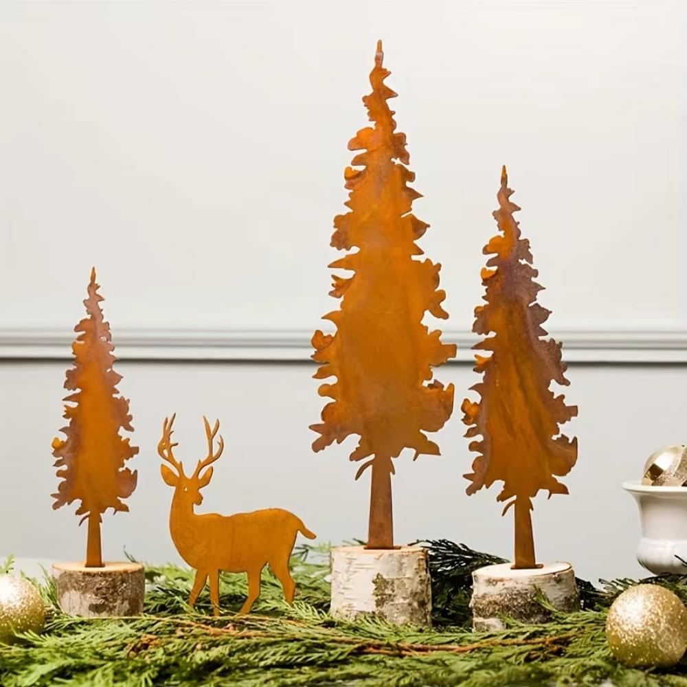 1pc Rustic Metal Spruce Tree and Elk Ornaments - Hunting Decor and Gifts for Christmas and New Year's Decoration