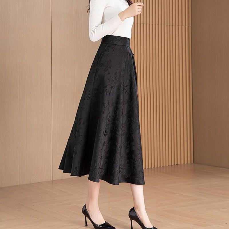 National Style New Chinese Style Skirt Women Spring New Mid-length Jacquard High-waisted A-line Temperament Slim Umbrella Skirt