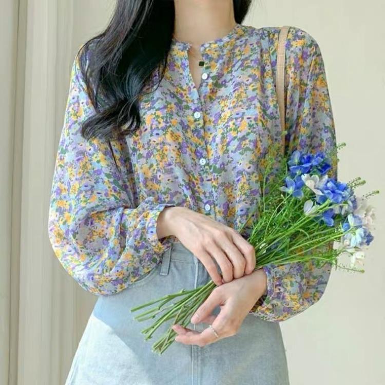 Spring New Korean Floral Shirt Top Women's Spring and Autumn Chiffon Shirt