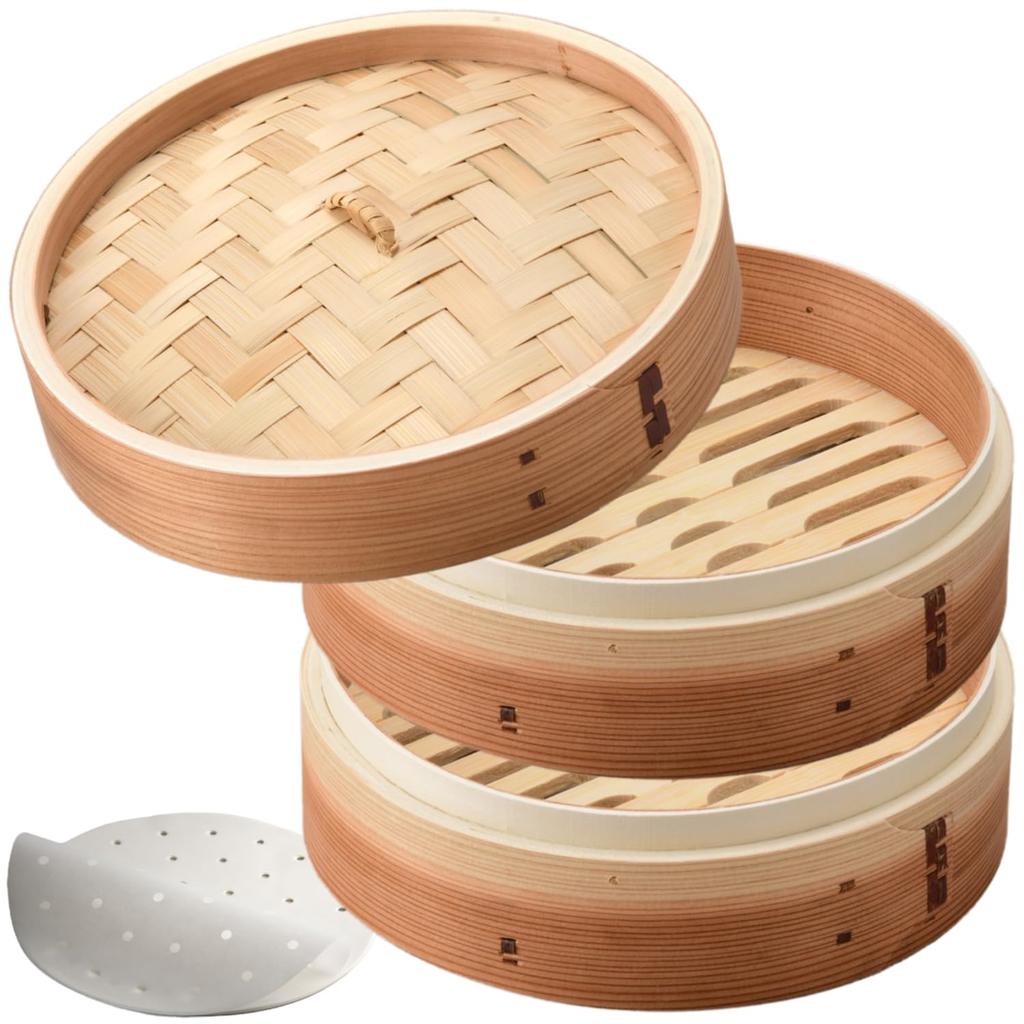 Set of 2 Cedarwood Steamer Baskets (Basket & Lid), Commercial Grade, Includes 20 Steamer Sheets, Suitable for Chinese Steamers (Cedarwood, 21cm)
