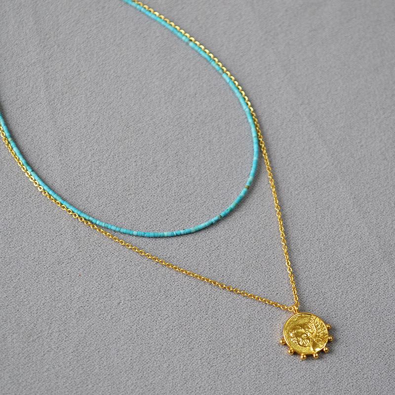 

French Turquoise Beaded Gold Coin Double-Layer Necklace