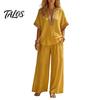 Muskelversteckende Hosen Color Block 2-teilige Sets für Damen, Kurzarm V-Ausschnitt Locker geschnittenes Hemd Damen Oberteil und Weite Hosen Passende Sets, Sommerurlaub