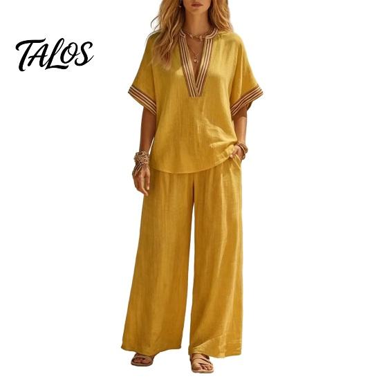Muskelversteckende Hosen Color Block 2-teilige Sets für Damen, Kurzarm V-Ausschnitt Locker geschnittenes Hemd Damen Oberteil und Weite Hosen Passende Sets, Sommerurlaub