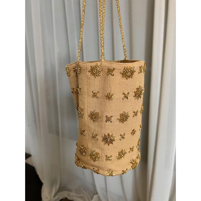 

Beads Embroidered Bucket Bag 2025 Summer New Denim Shoulder Messenger Bag Versatile New Chinese Original Women s Bag Gold