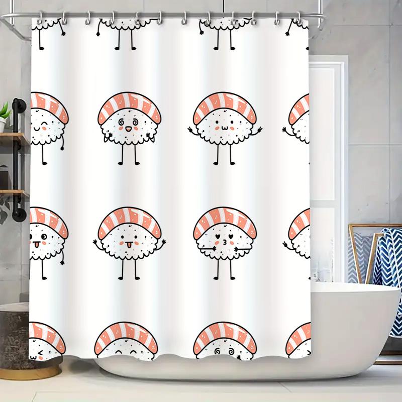 

Adorable Cartoon Sushi Print Shower Curtain For Bathroom Decor White, Orange Color With Cute Kawaii Food Design W60H190(CM)-1 Pcs