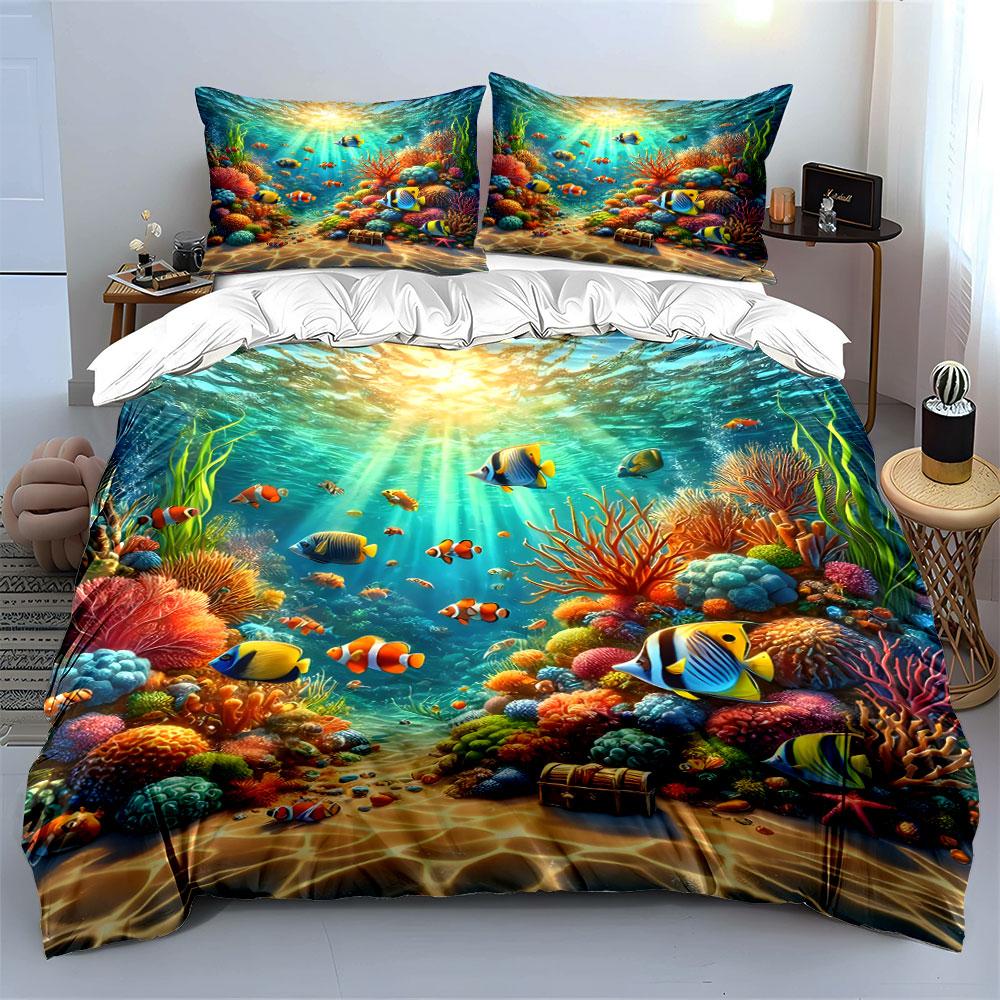 Underwater Coral Reef Scene. Print Bedding Set 1 Duvet Cover 2 Pillowcases For Adult And Children Luxury Gift Full Size