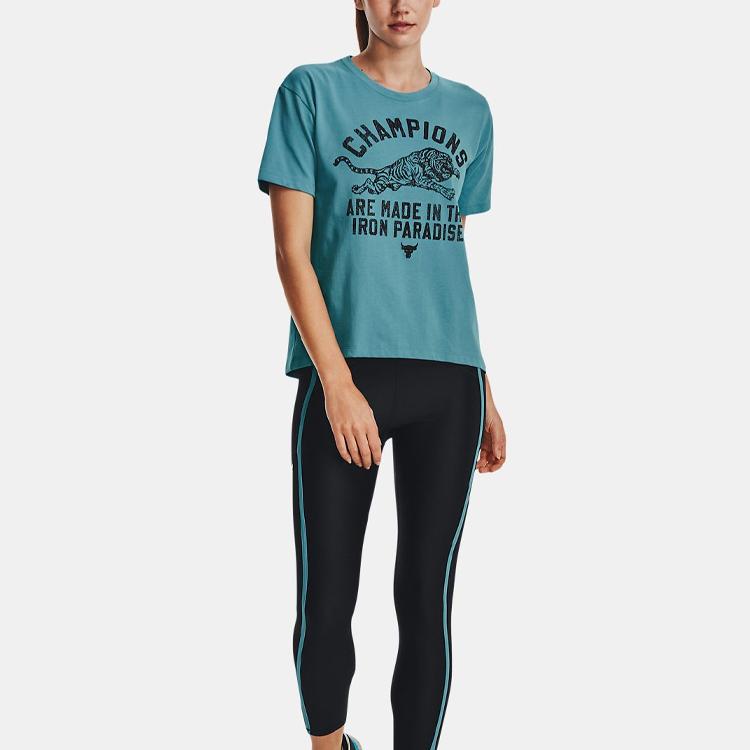 Under Armour Project Rock Johnson Letter Print Pullover Crew Neck Short Sleeve T-Shirt Women tops Glacier-Blue 1376918-433