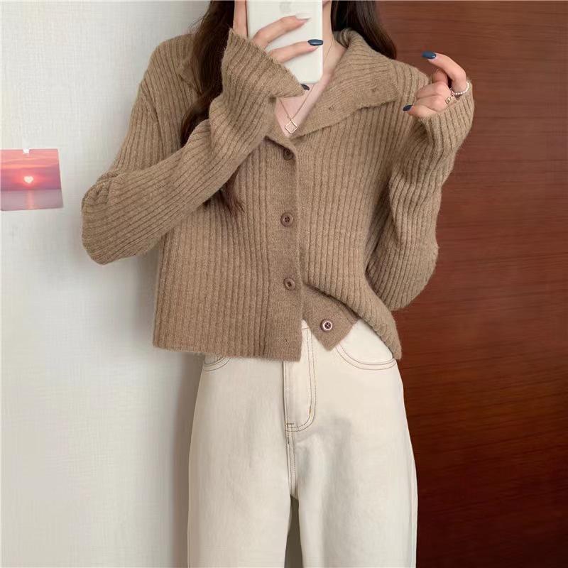 Women's 100% Pure Wool Stand Collar Loose Cardigan - High Neck Ribbed Cashmere Sweater, Autumn & Winter Style.