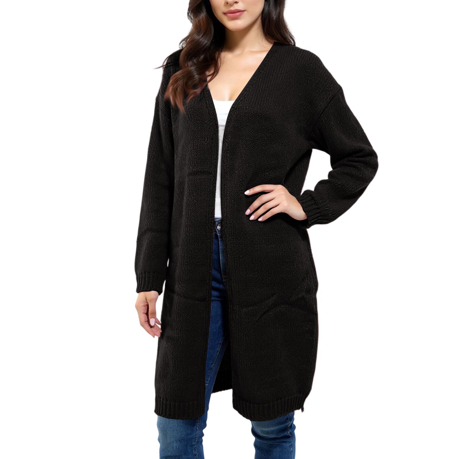 

Женский повседневный трикотажный свитер средней длины, однотонное пальто L чёрный