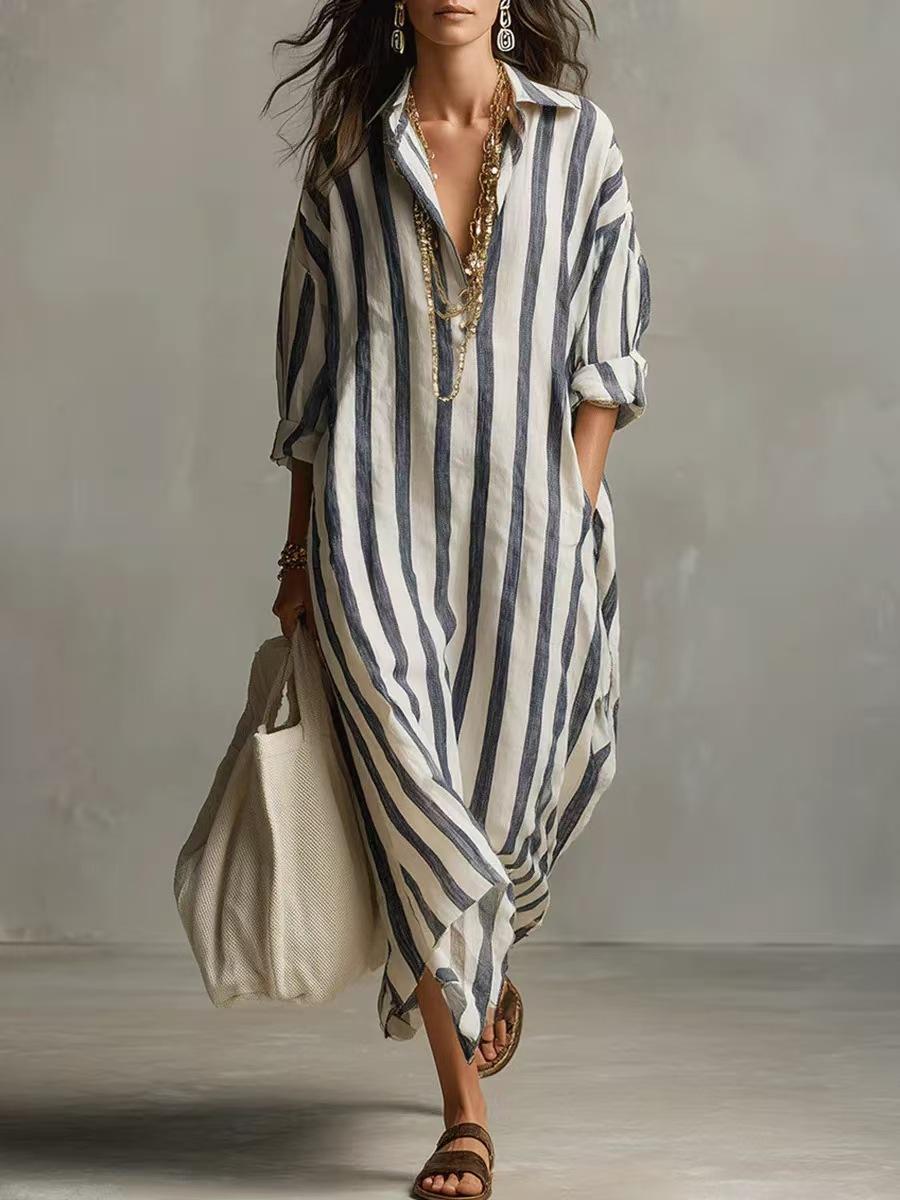2026 new striped long loose dress women s summer new lazy style casual vacation style fashion women s clothing S