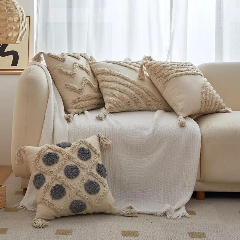 Boedia Quality Modern Throw Pillow Covers Tufted Tassel Bohemian Style Cushion Case Pillowcase Decoration for Home 45x45cm