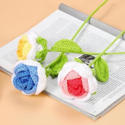 6PCS Fake Roses Crochet Roses Flowers Artificial Handmade Knitting Rose Woven with Stems for Mom Gifts Home Wedding Party Office Tables Decoration