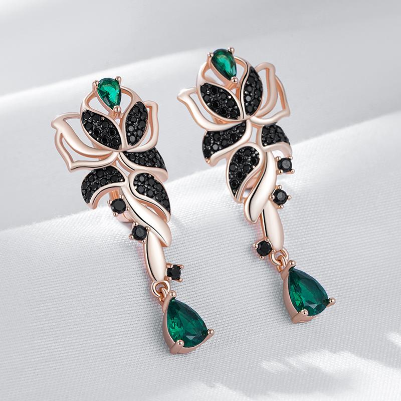 Green With Black Natural Zircon Flower Drop Earrings For Women  Rose Gold And Black Gold Plating Daily Fine Jewelry