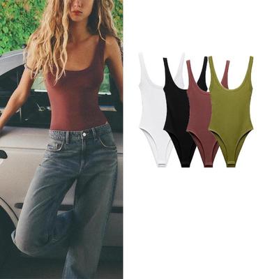 Figurbetonte gerippte Bodys für Damen, O-Ausschnitt, Träger, Druckknopfverschluss, Damen-Playsuits, Sexy Mode