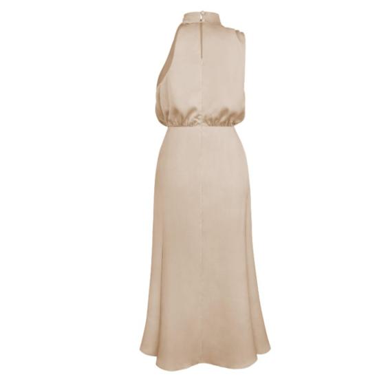 Stand Collar Halter Sleeveless Waist Tight Women Dress Smooth Satin Loose Hem Midi Evening Dress