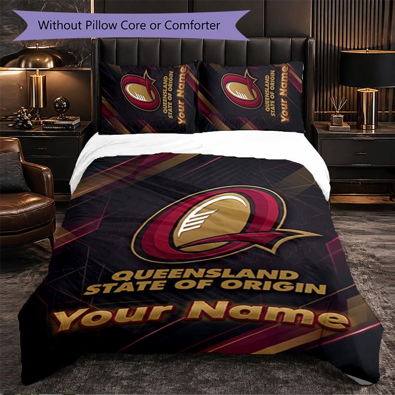 Queensland Maroons Customized Name Text Bedding Set, 1 Duvet Cover & 2 Pillowcases Personalized Bedroom Gift