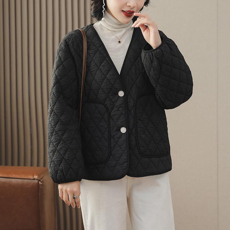 Design Rhombus V-neck  jacket for women's autumn and winter casual outer wear short  clothes