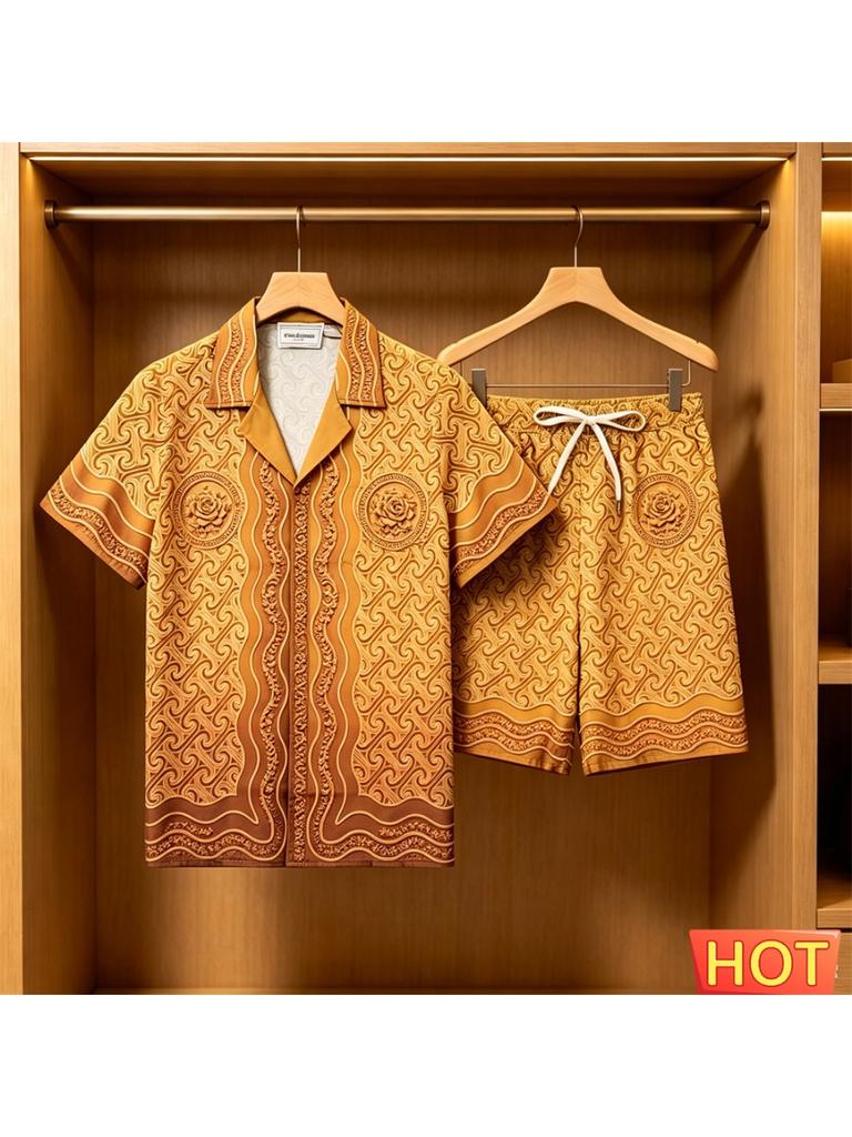Gradient Pattern Shirt and Shorts Set Summer Men’s Hawaiian Vacation Shirt Set Breathable Men’s Casual Two-Piece Set