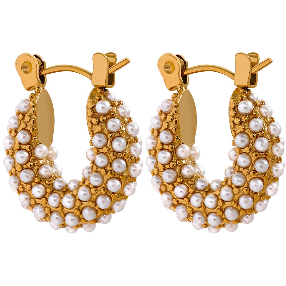 

Yhpup Stainless Steel Luxury Small Hoop Earrings Vintage Delicate Imitation Pearls Texture Gold Color Waterproof Fashion Jewelry