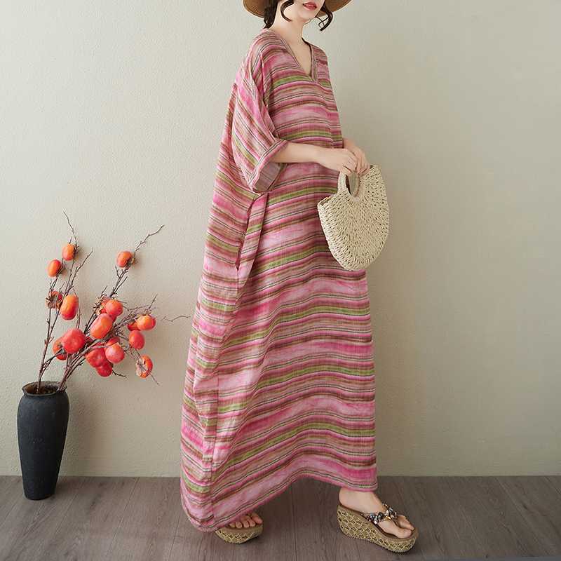 Vestido Largo Vintage para Mujer con Estampados de Algodón y Lino