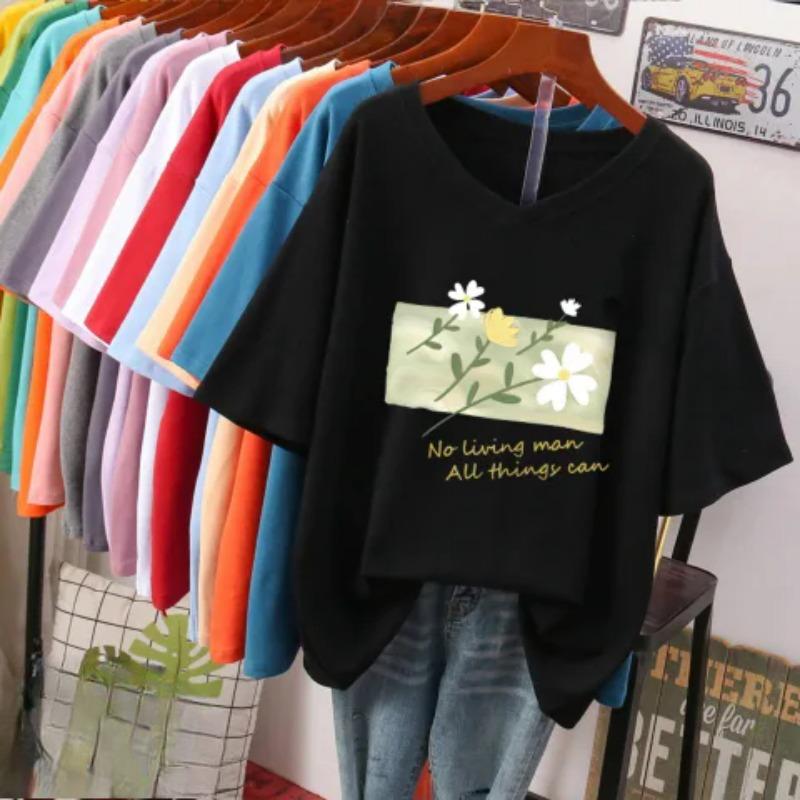 Short-sleeved T-shirt for Women, Large Size, Loose and Slimming, Printed V-neck Top