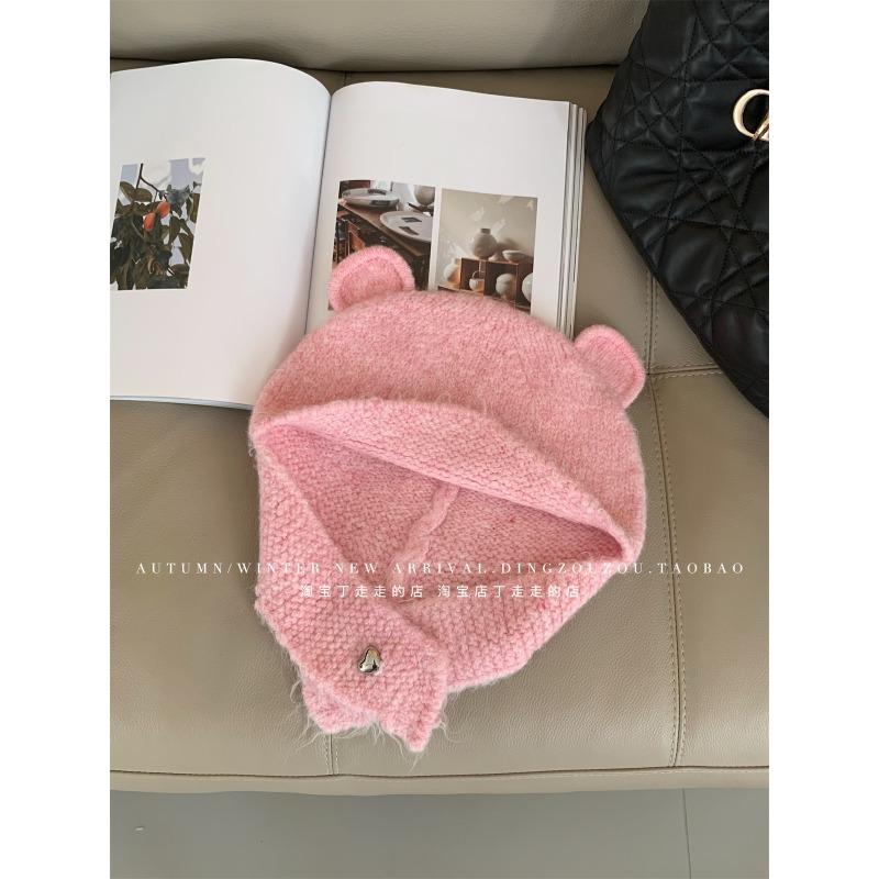 Cute Bear Ears Red Knitted Autumn and Winter Wool Hat Women's Warm Ear Protection Hat Showing Face Small Winter Headhat