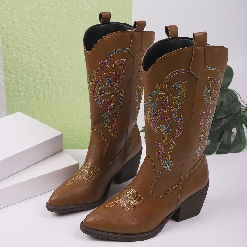 Direct supply V-port sequined western cowboy boots women's middle heel pointed knight boots large size leather boots