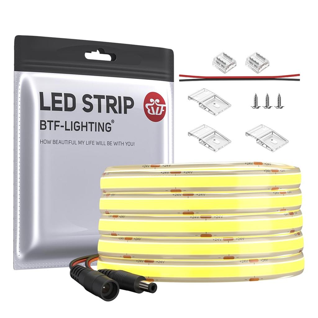 FCOB COB LED Strip IP65 High 5M Length 2400 Warm White 8mm for Indoor Energy Class FOB CRI No Power Supply or Controller Included BTF-LIGHTING Light,