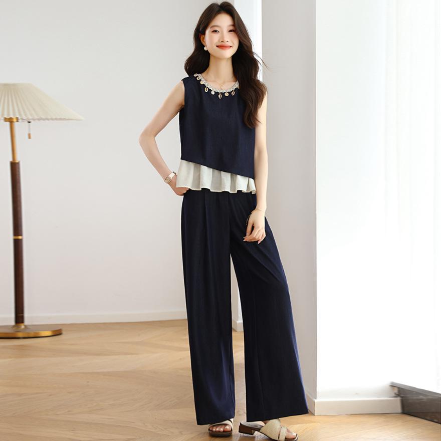 

Модный свободный жилетный костюм для женщин, летний новый комплект из двух предметов: топ без рукавов с вставками и брюки широкого кроя XXL