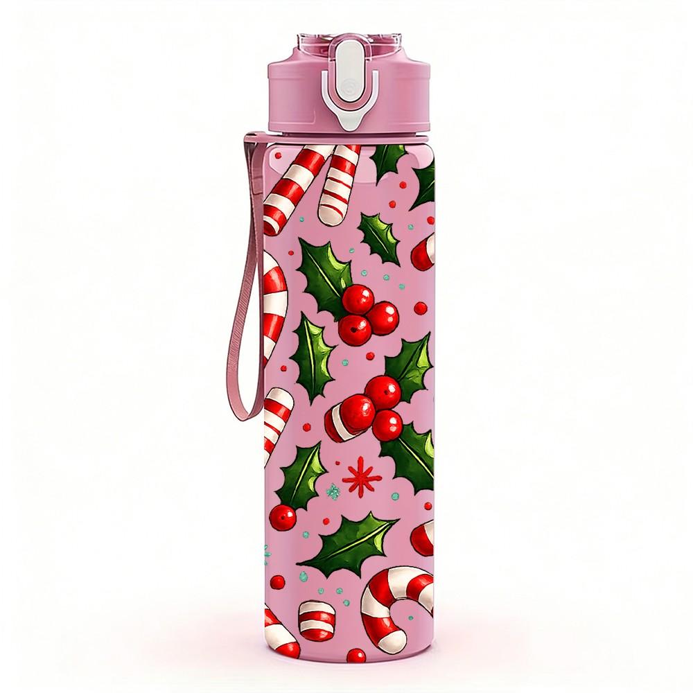 1PC Red Berry Leaf Christmas Seamless Print 750ml Color Plastic Sports Water Bottle Leakproof Flip Straw Lid Suitable for Sports Office Home Use