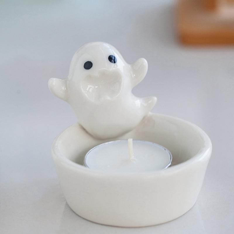 Ceramics Cartoon White Ghostly Figurine Candle Holders Halloween Tealight Holders Candlestick Table Decors for Festivals