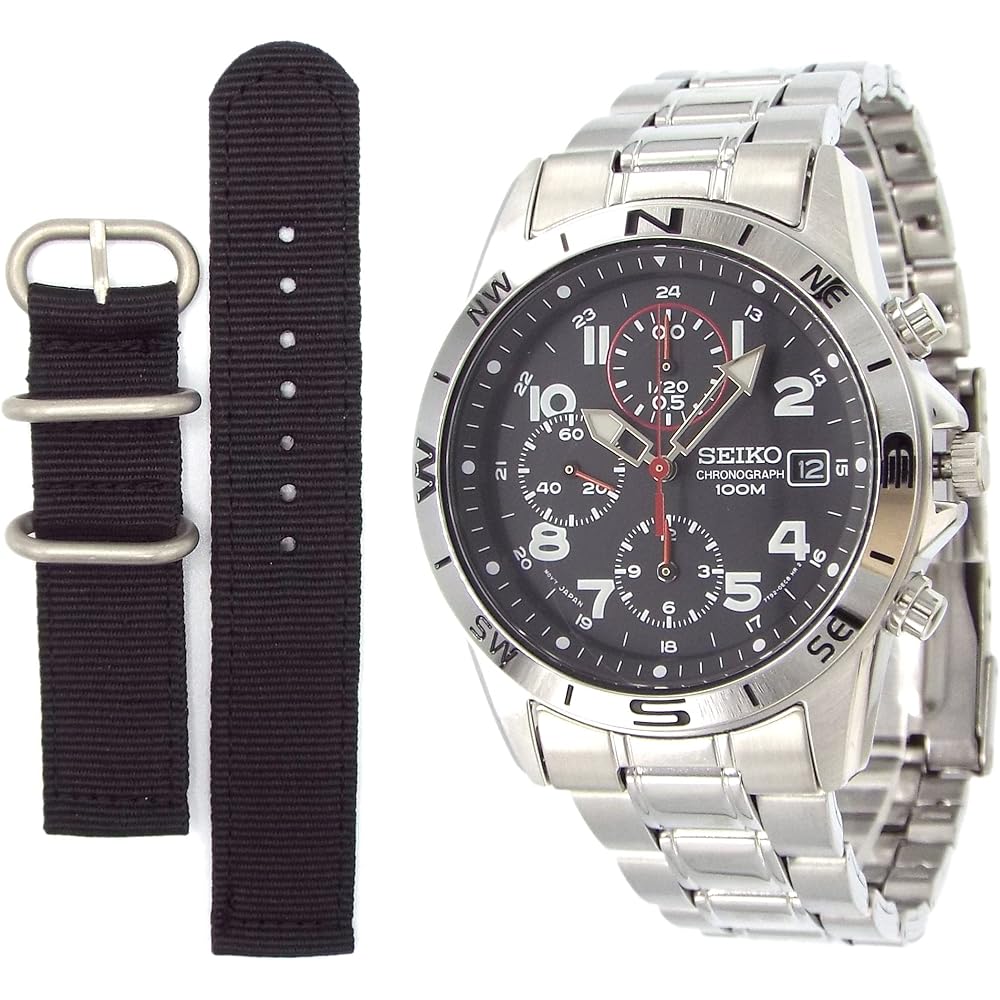 

Seiko Men s Chronograph Military Style Watch Black Red with Strap SND375P