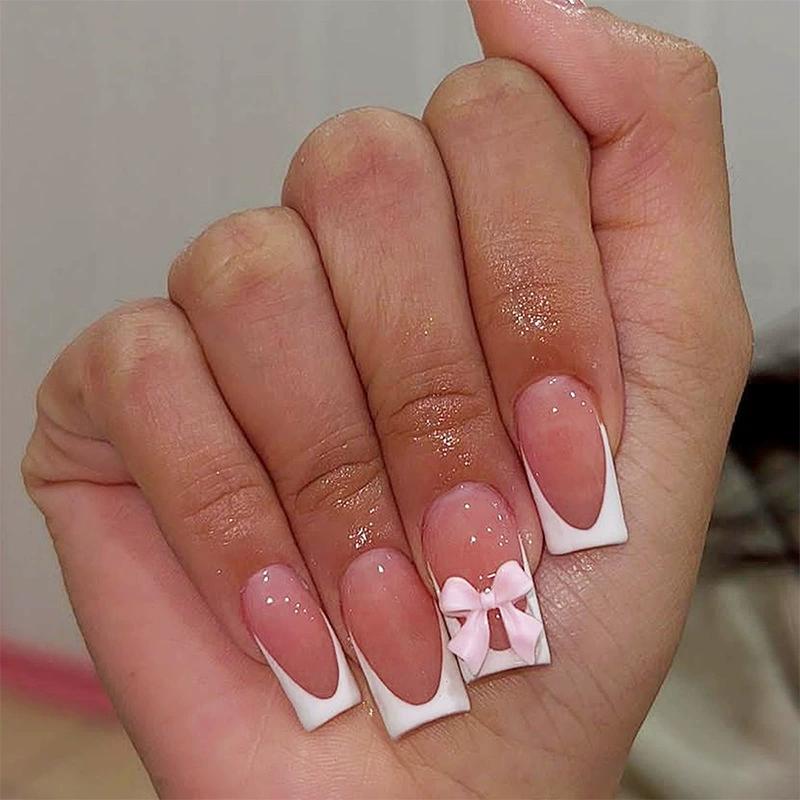 24Pcs Pink Bow Press On Nails Pearl Design Acrylic Nails Ballerina Full Cover French False Nail Tips for Women