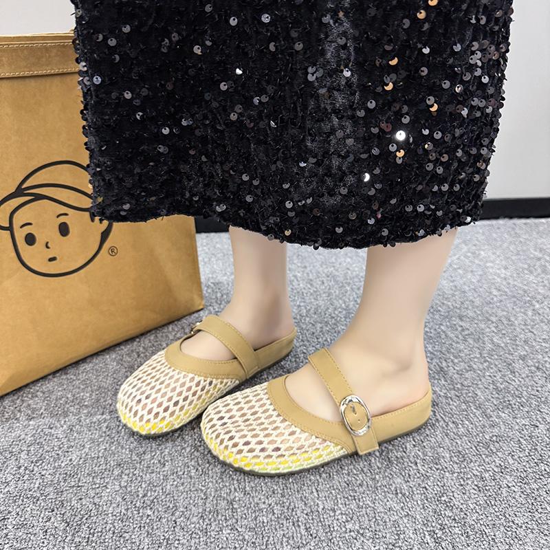 Fashion 2025 Summer Closed Toe Women's Slippers Fashion Belt Buckle Mesh Light  Comfortable Best Seller Concise Rome Solid Flat Slippers