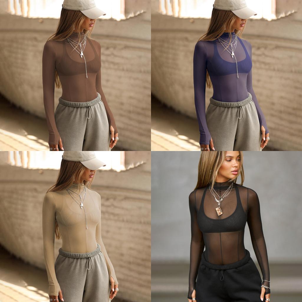 Long Sleeve Mesh Top With Semi High Neck For Streetwear And Party Wear