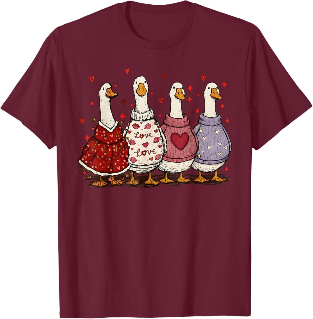 Cute Valentines Day Geese Ducks In Sweaters Graphic T-Shirt Casual Daily Wear