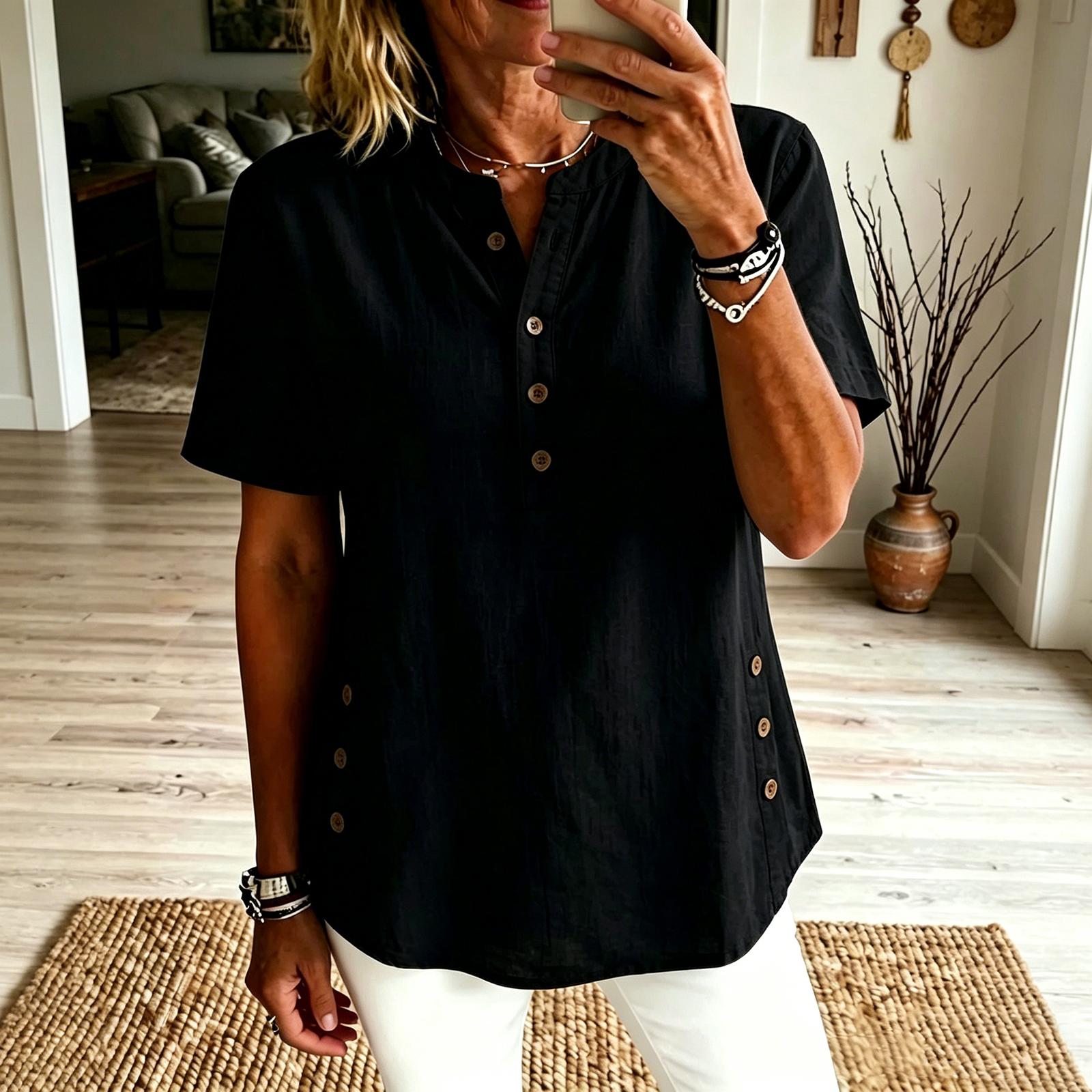 Women s Fashionable Casual Set, Button-down Short-sleeved Pullover Top L
