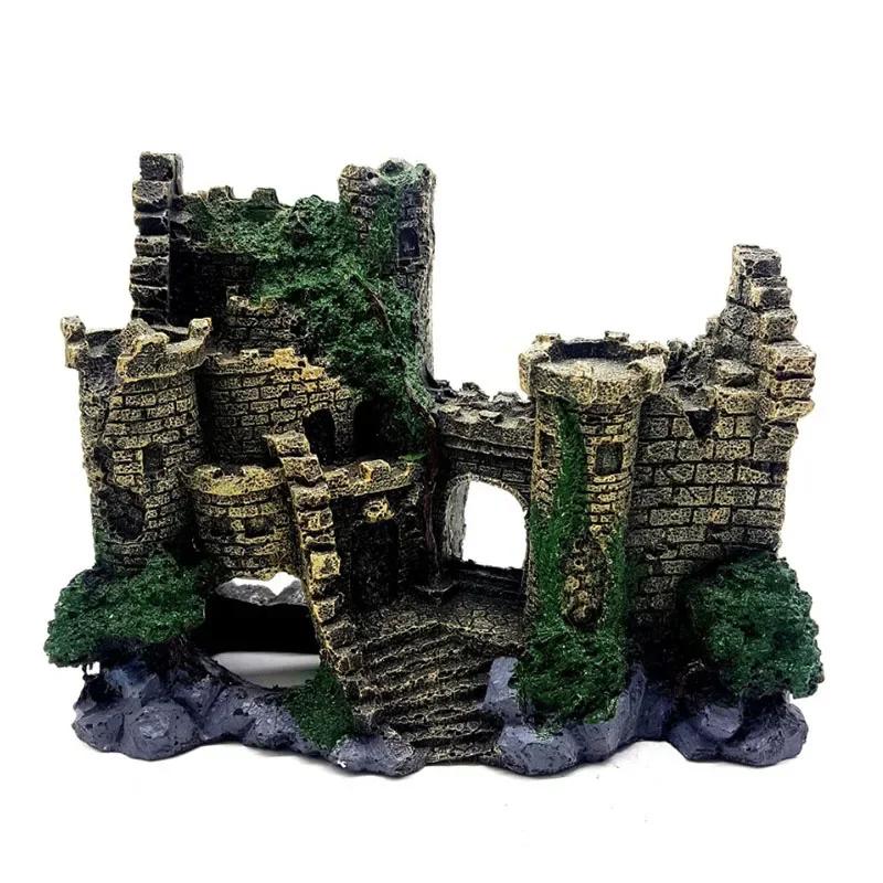 Resin Artificial Fish Tank Ancient Castle Decoration Aquarium Rock Cave Building Decoration Aquatic Landscaping Ornament