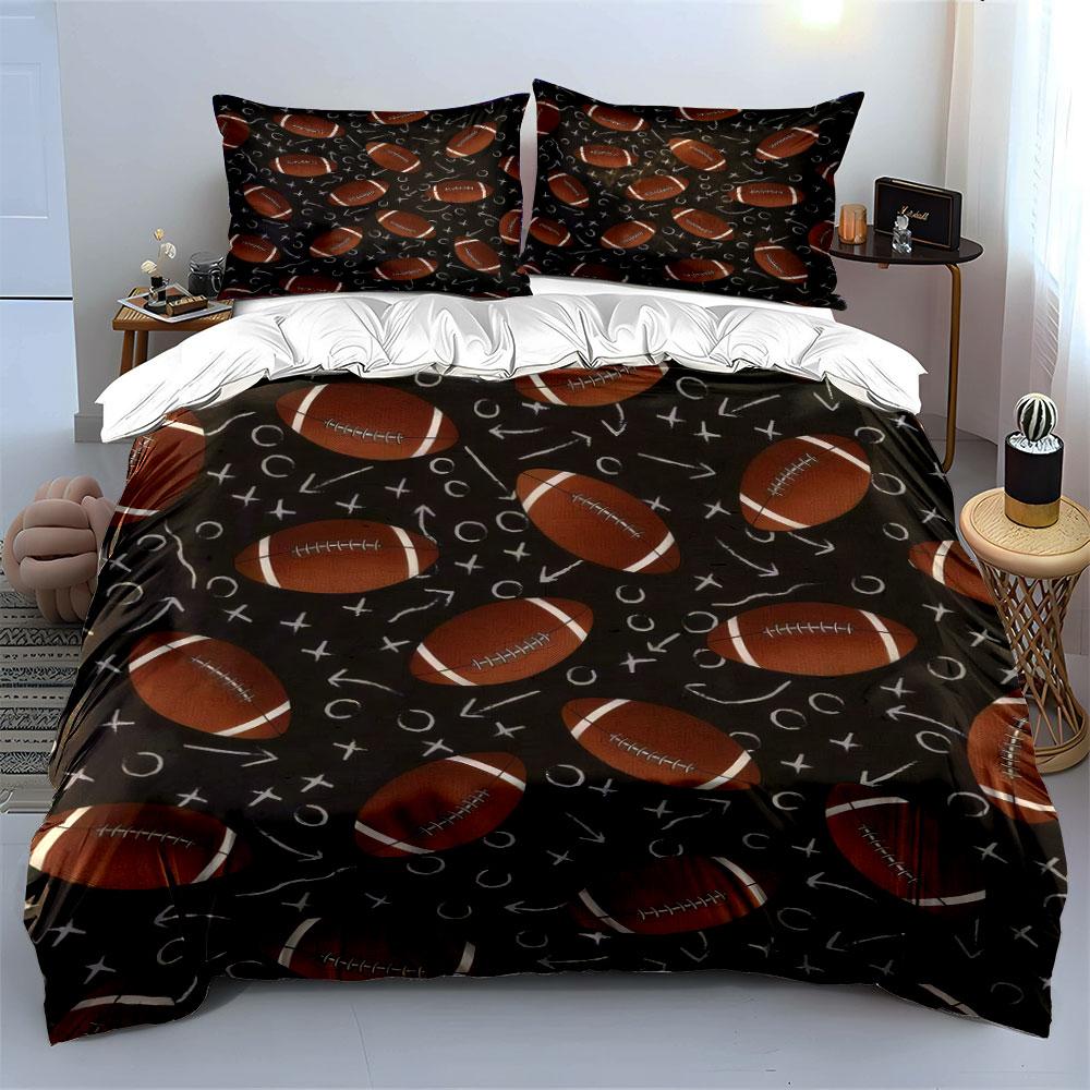 3Pcs Football Fan Bedding Set, Bold Brown Football With Play Symbols On Black Print Duvet Cover, Energetic Sports Bedroom Decor