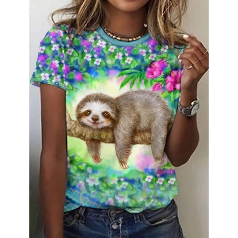 Cat Fox Sloth Pattern T Shirt for Women Fun Animal 3D Printed Short Sleeves Summer Loose T-Shirts O-Neck Tees Streetwear Top