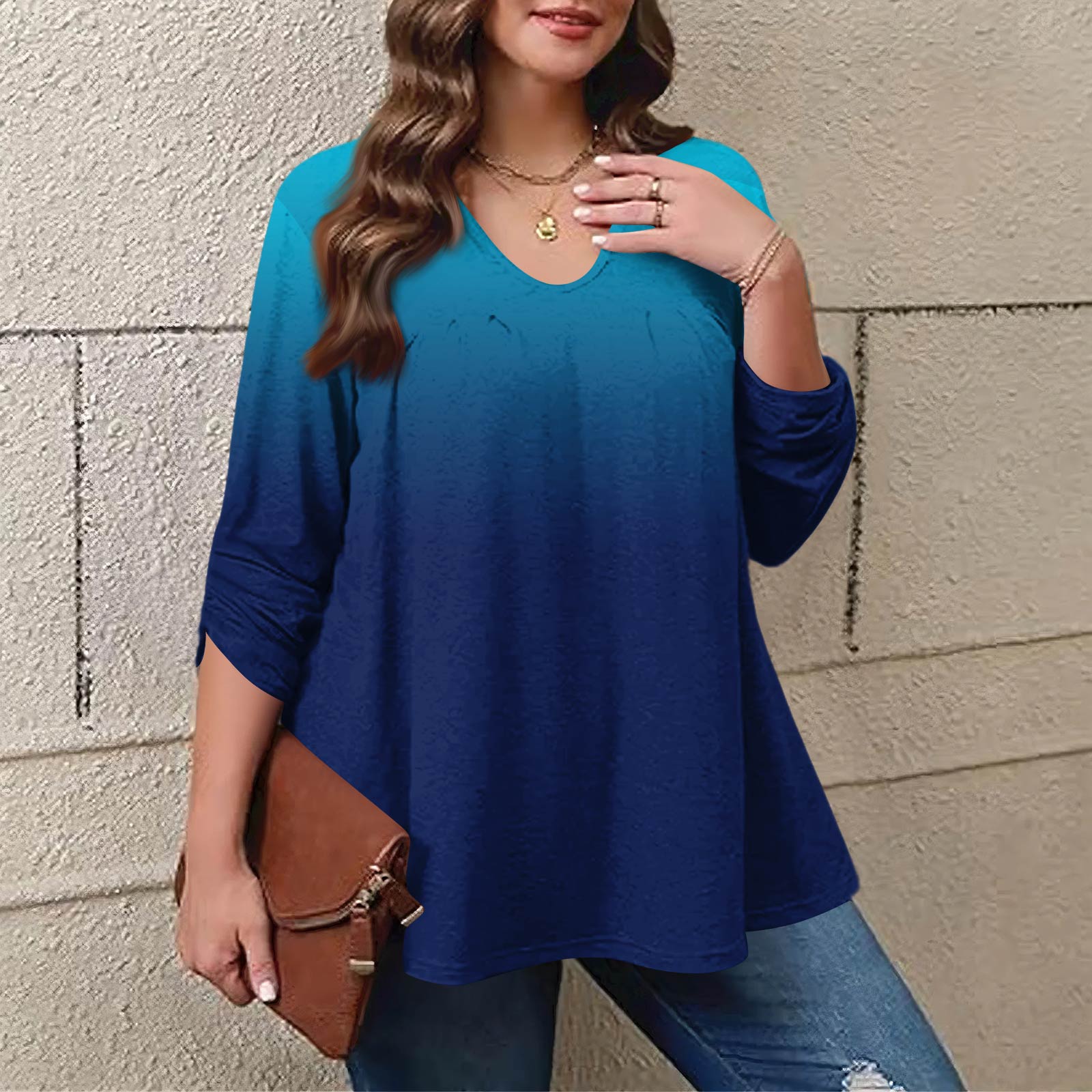 

Жіночий модний топ великого розміру з принтом, повсякденний, плісований, з круглим вирізом і довгими рукавами XXXXXL