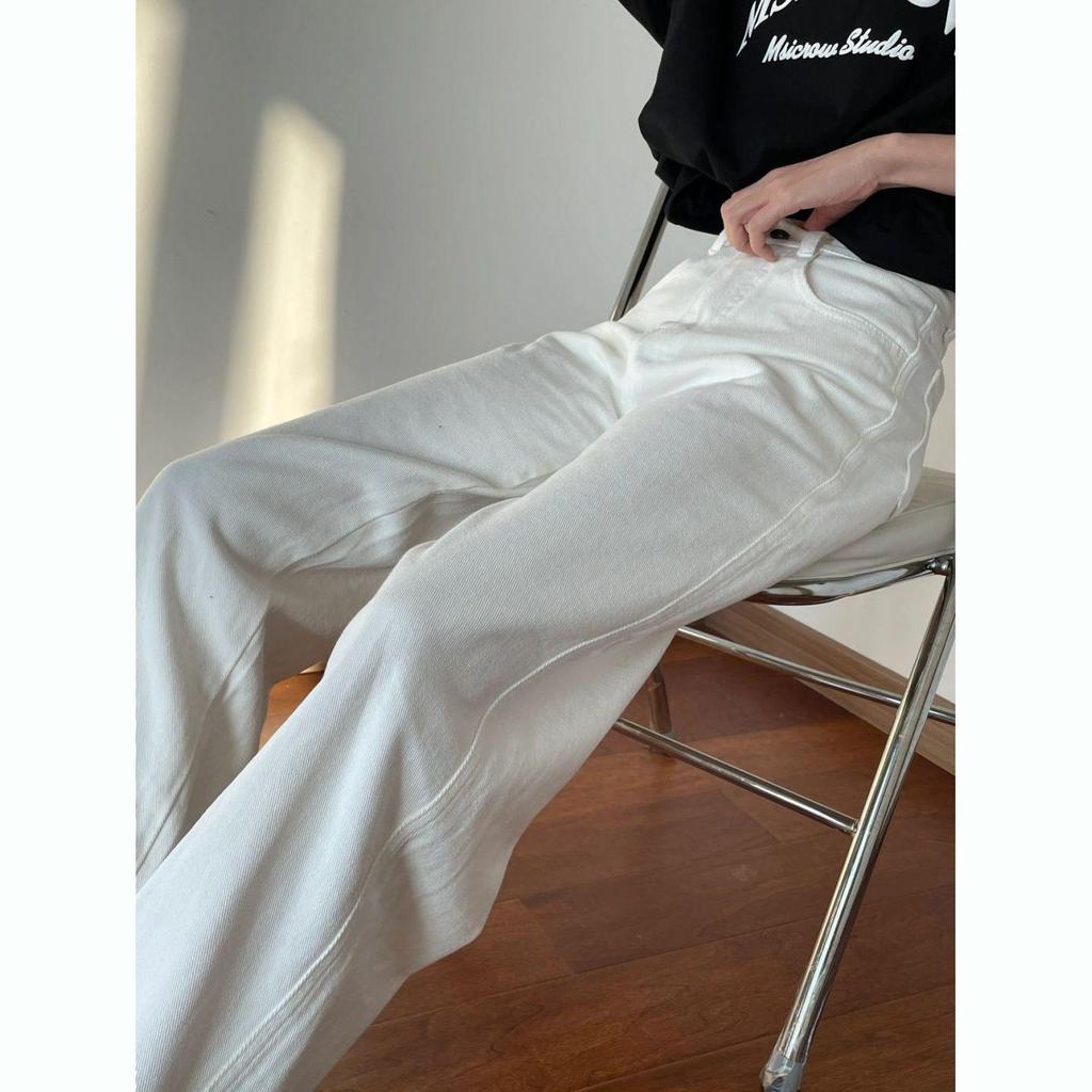 Women's Summer High-Waist Wide Leg White Jeans - Korean Style Loose Fit, Floor Length