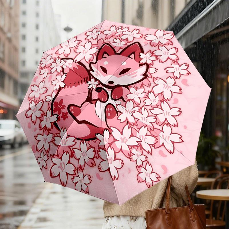 1pc Fox Cherry Blossoms Automatic Folding Umbrella 8 Rib Iron Frame,  Suitable for Travel, Daily Use, Birthday, Women & Men Gift c1231063