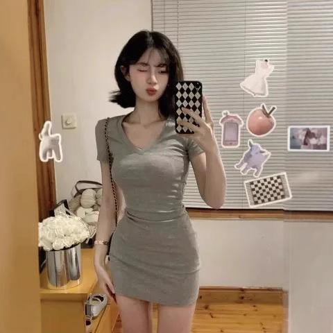 2026 Pure Desire Spice Girl Grey Skinny Dress Women's Summer New Waist Slim Skinny Hip Wrap Short Skirt