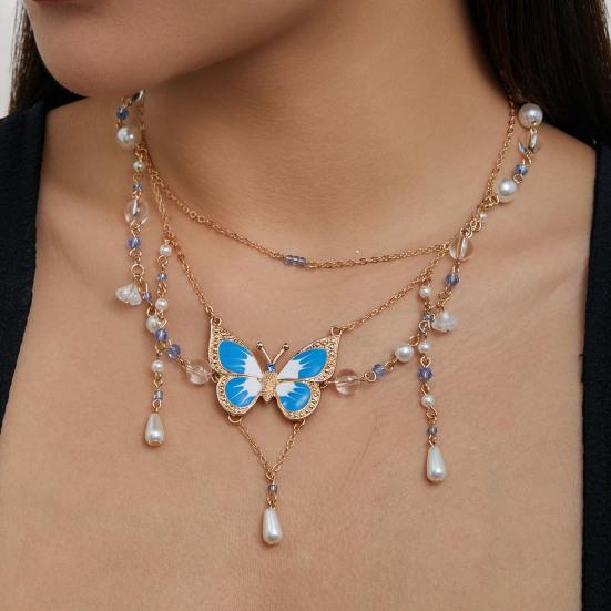 Women Necklace Multi Layer Chain Imitation Pearls Decor Butterflies Charm Choker Necklace Adjustable Length Neck Jewelry