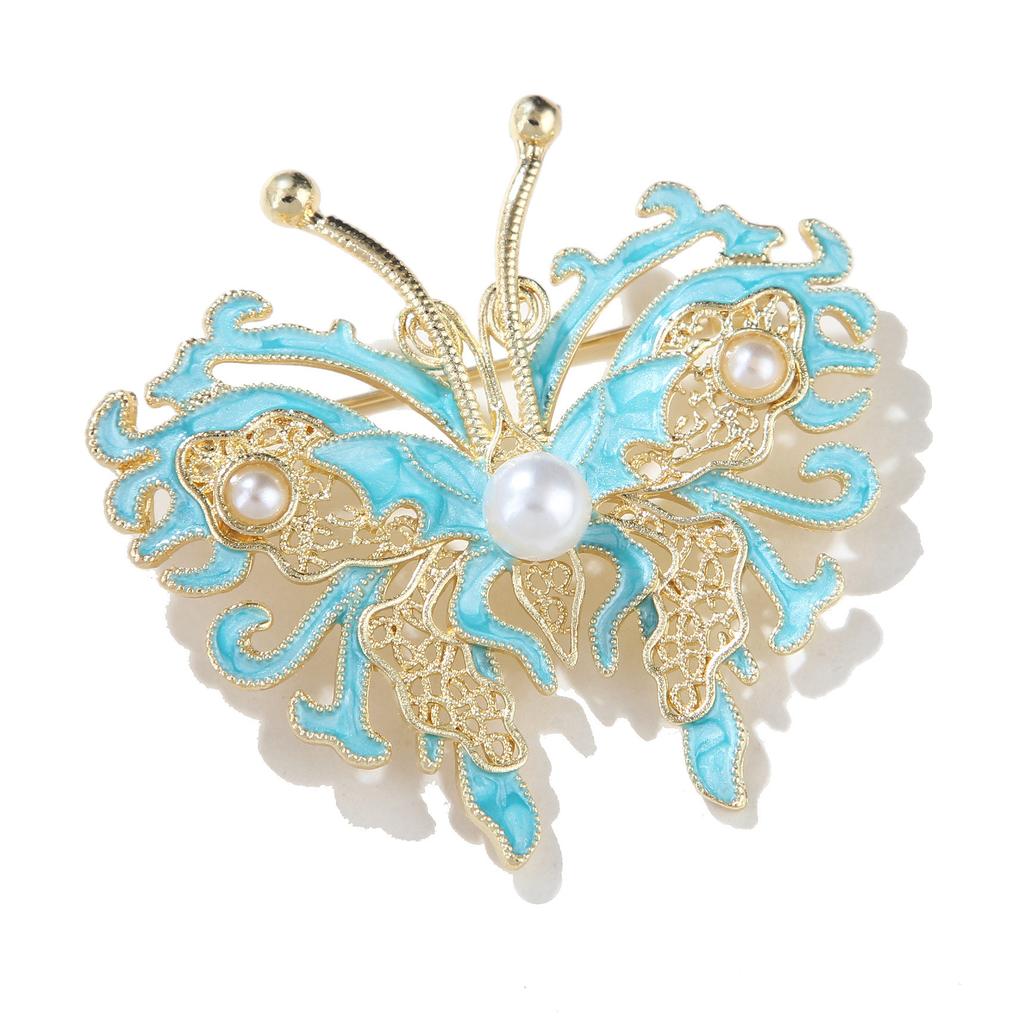 Chinese Style Ethnic Hollowed Out Oil Drop Pearl Butterfly Auspicious Cloud Pendant Brooch Cheongsam Accessories Female Pins Long-Lasting Color Brooch