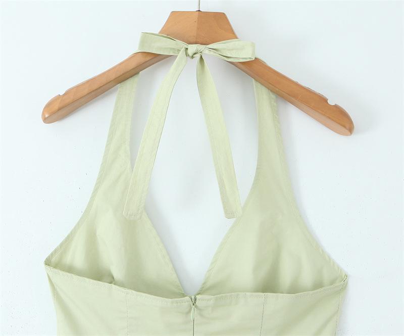 New Deep V-Neck Halter Pleated Waist-Cinching Slim Dress