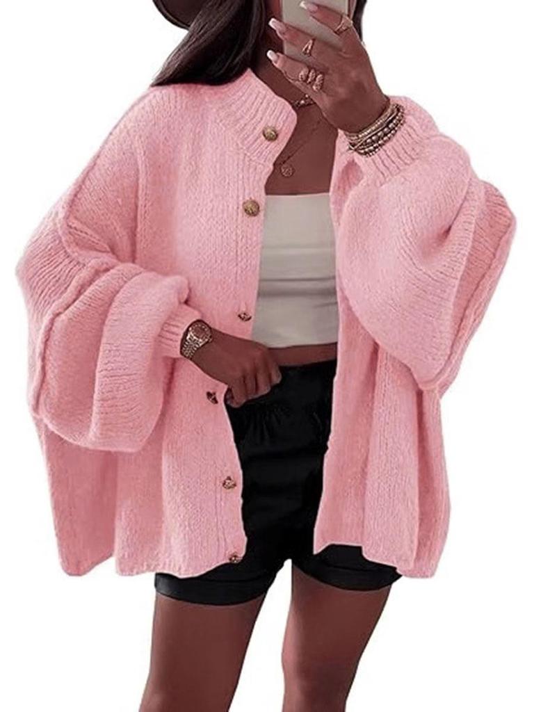 Autumn/Winter Solid Color Knit Button Cardigan with Large Sleeves - Casual Style
